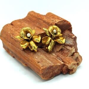 Late 1940’s Brass Orchid with Pearl Centers Clip Earrings.